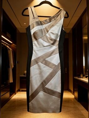 Jax One-Shoulder Satin Sheath Dress in Champagne and Black size 6